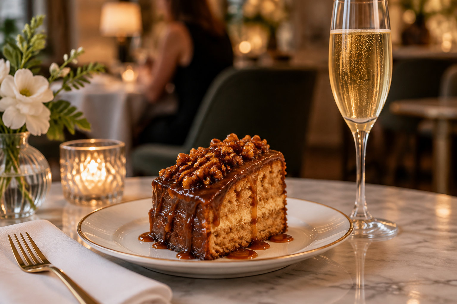 Une part de gâteau nappée de chocolat et garnie de noix est posée dans une assiette, à côté d’une flûte de vin pétillant, dans un restaurant tamisé.
