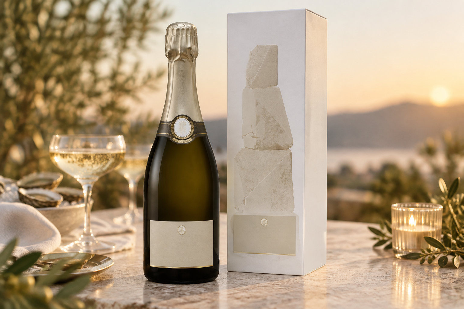 Une bouteille de vin pétillant et son coffret blanc sont posés sur une table dressée avec un verre et une bougie, devant un paysage au coucher du soleil.