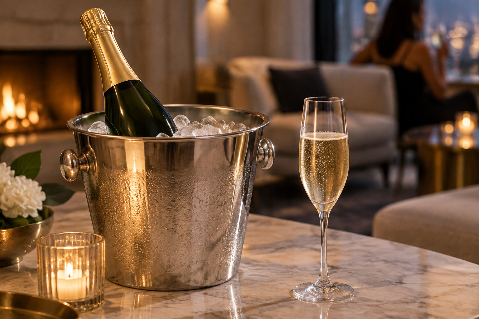 Une bouteille de champagne dans un seau à glace et une flûte remplie sont posées sur une table près d’une bougie, dans un salon éclairé par un feu de cheminée.