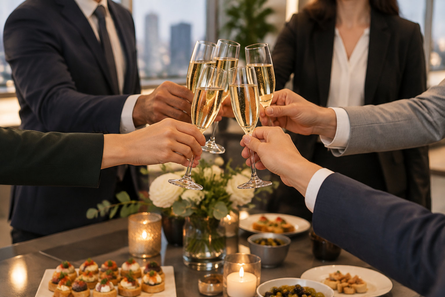 Plusieurs personnes en costume trinquent avec des flûtes de champagne autour d’une table garnie de petits fours, de bougies et de fleurs.