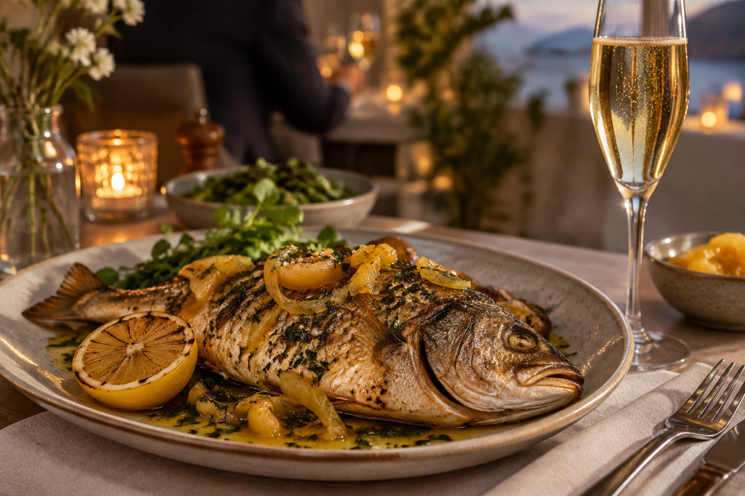 Un poisson entier rôti, garni de rondelles de citron et d’herbes, est servi sur un plat avec un verre de vin pétillant et des accompagnements, dans une salle à manger éclairée à la bougie.