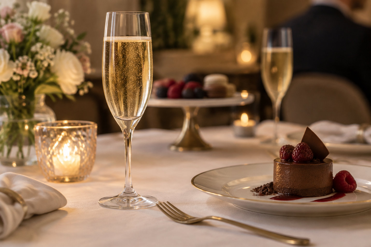 Une table dressée aux chandelles présente une coupe de champagne, un dessert au chocolat garni de framboises, des fleurs et une assiette de petits fruits.