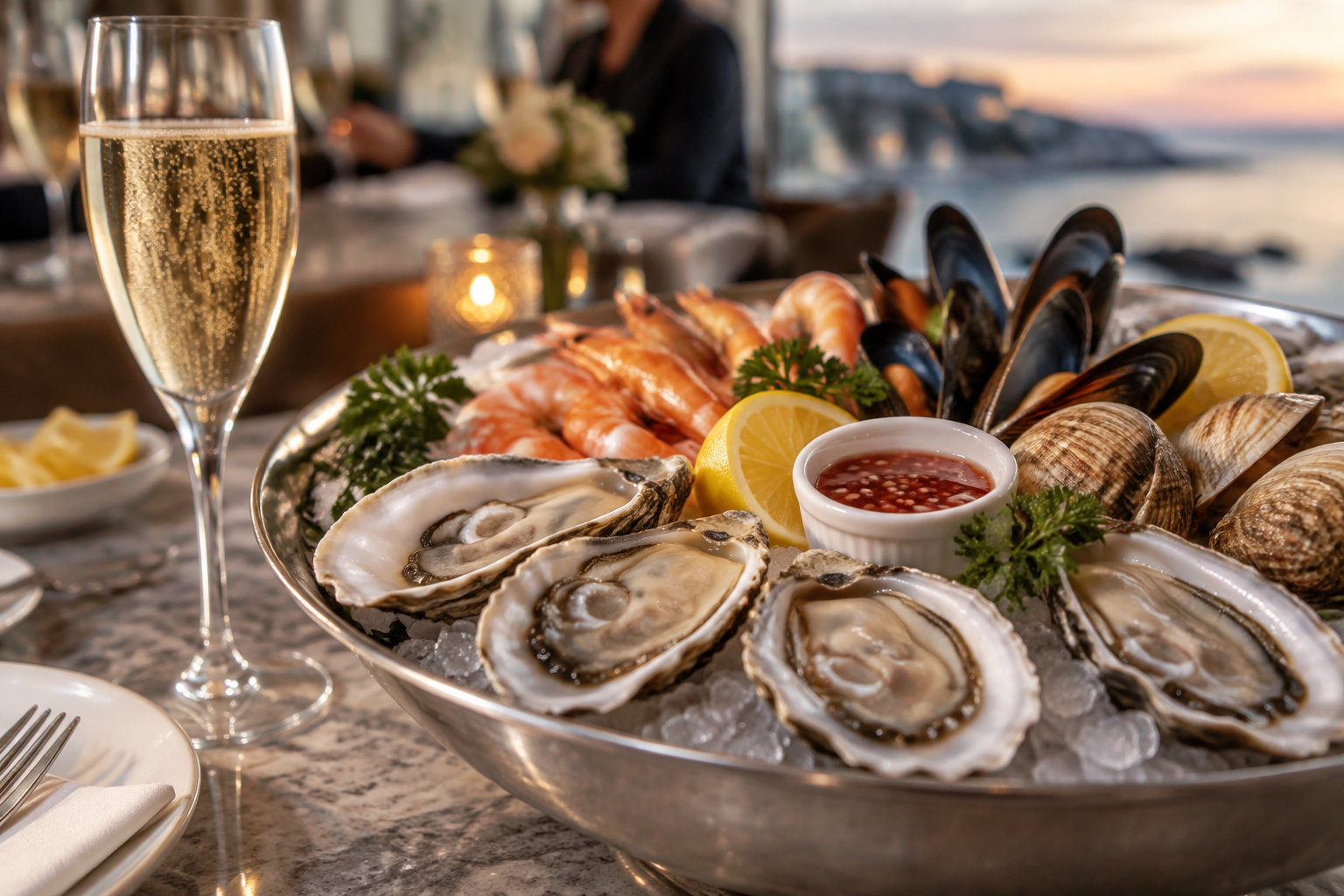 Un plateau de fruits de mer sur glace, garni d’huîtres, de crevettes, de moules, de coquillages, de citron et de persil, accompagné d’une coupe de vin pétillant.