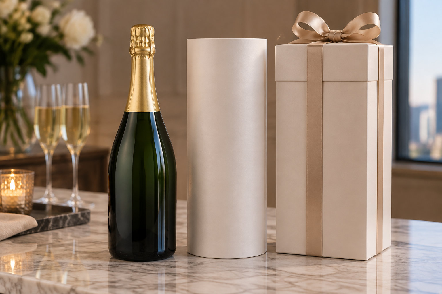 Une bouteille de vin mousseux, deux flûtes et une bougie sont disposées à côté de deux boîtes cadeaux sur une table en marbre.