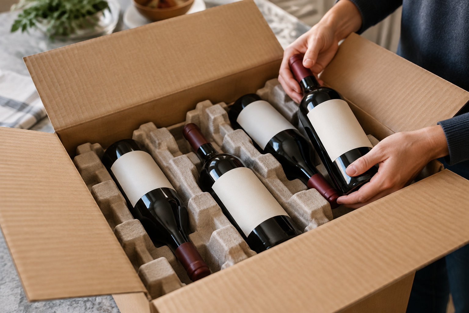 Une personne place une bouteille de vin dans un carton compartimenté contenant plusieurs bouteilles aux étiquettes vierges.