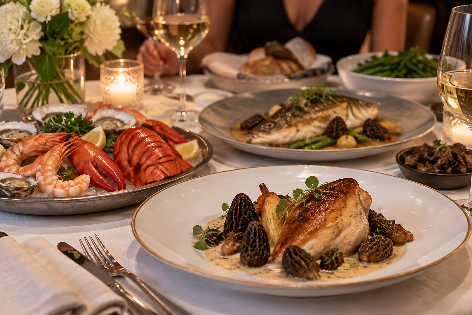 Une table de restaurant éclairée à la bougie est garnie de plats de viande, de poisson et de fruits de mer, avec des verres de vin et un bouquet de fleurs.