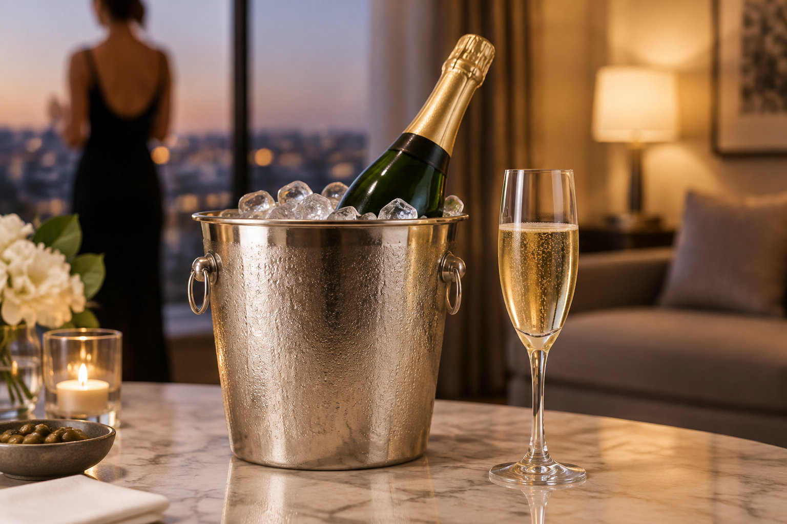 Une bouteille dans un seau à glace et une flûte de champagne sont posées sur une table, dans un salon éclairé à la bougie.