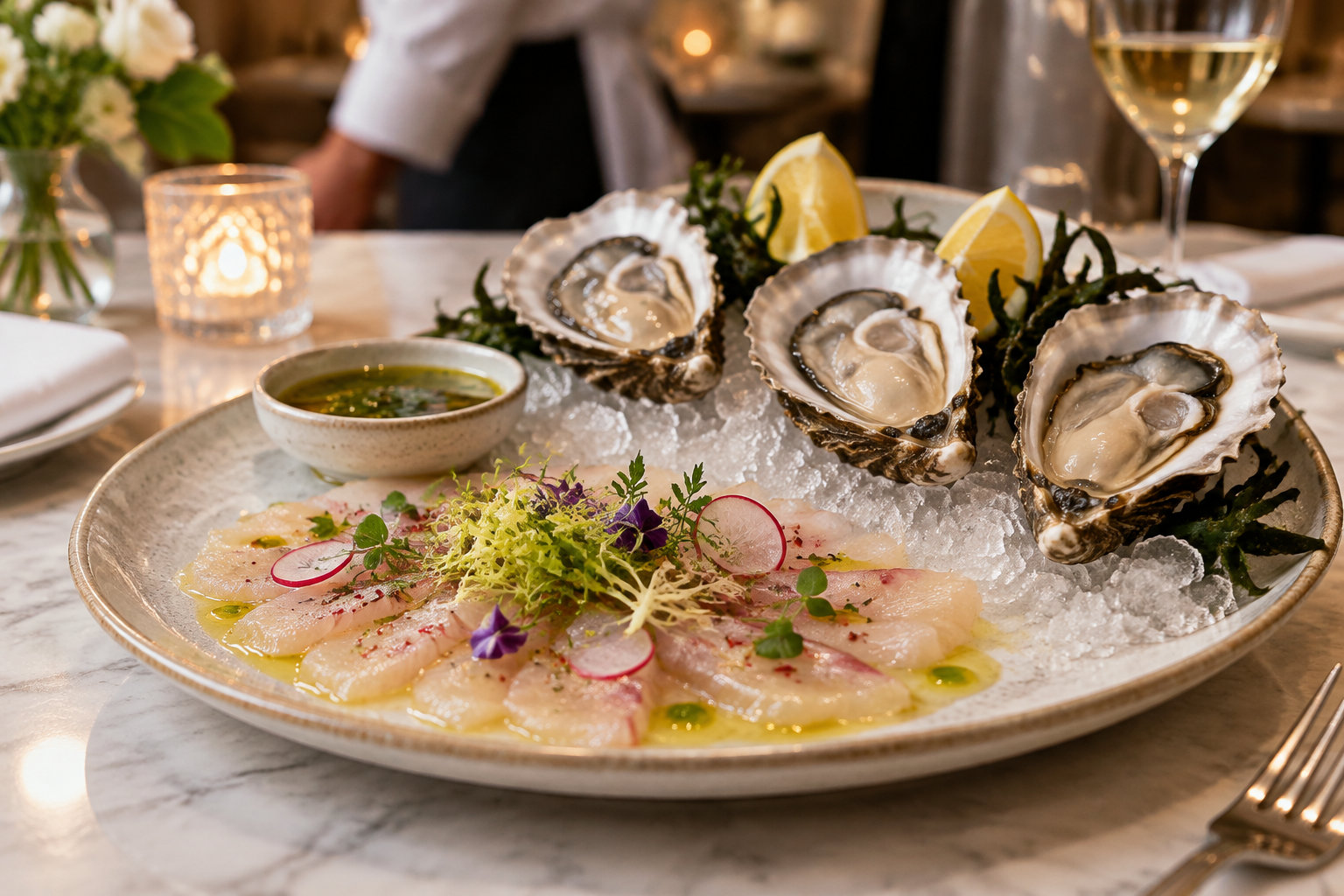 Un plateau de fruits de mer présente des huîtres sur glace et des tranches de poisson cru garnies de radis, d’herbes et de fleurs, avec des quartiers de citron et une sauce, sur une table dressée.